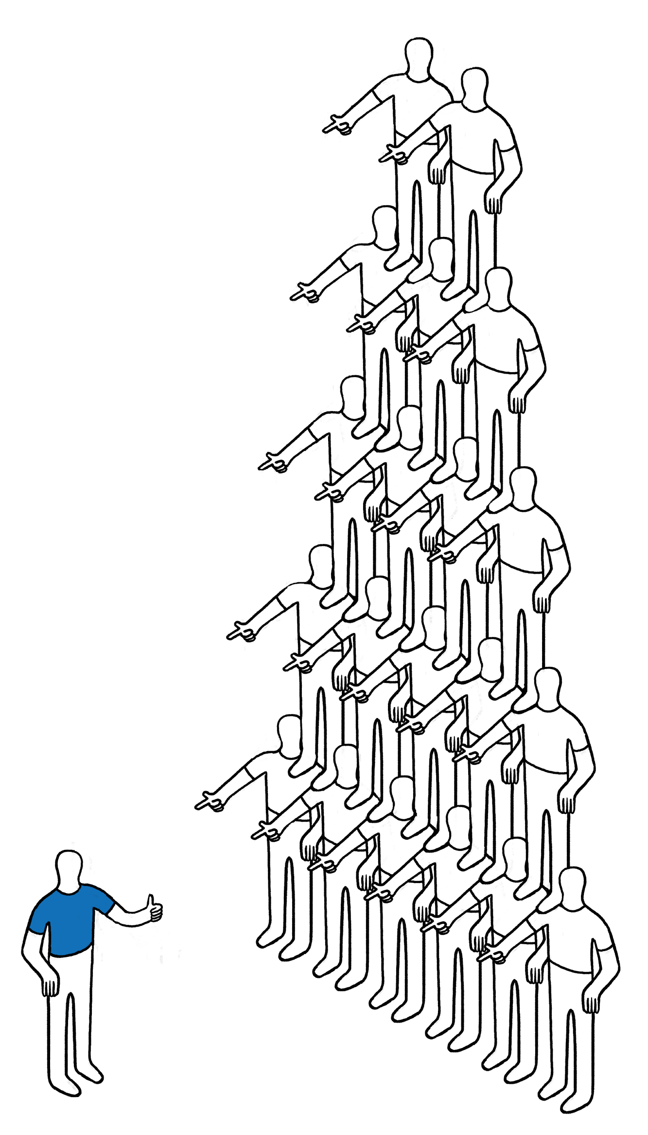 19 abstrahierte Figuren auf einer Pyramide zeigen auf eine 20.