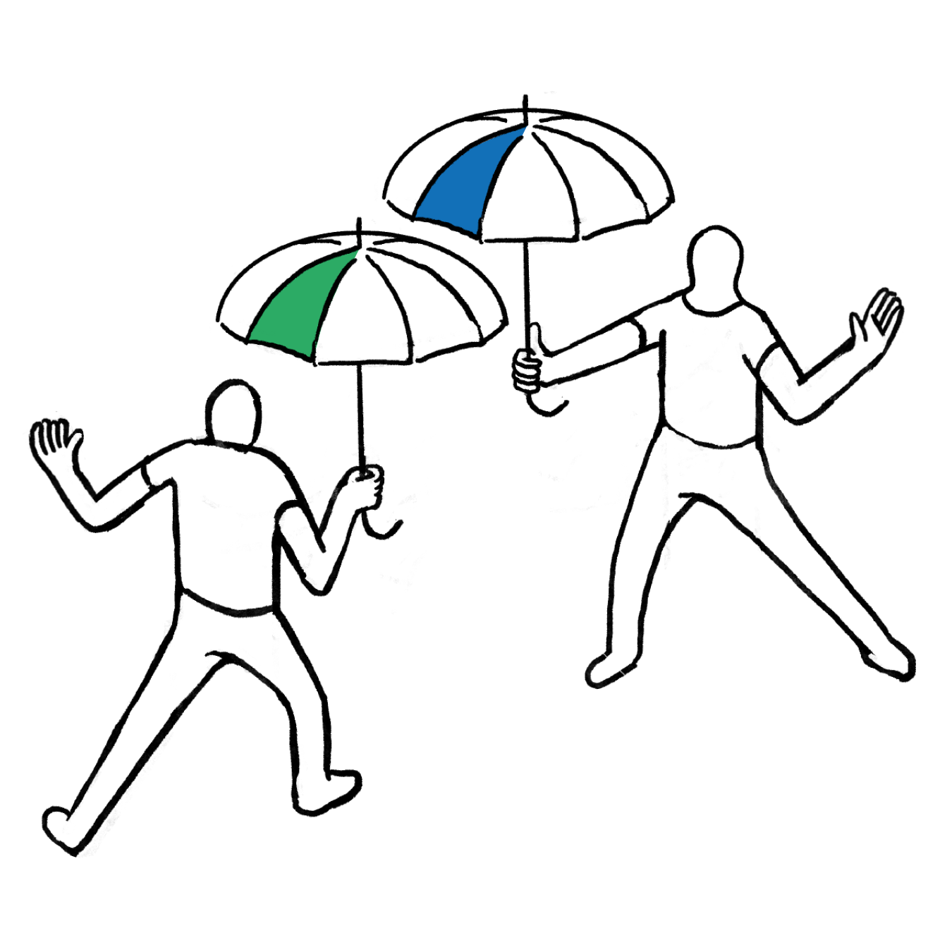 Zwei abstrahierte Figuren fechten mit Regenschirmen